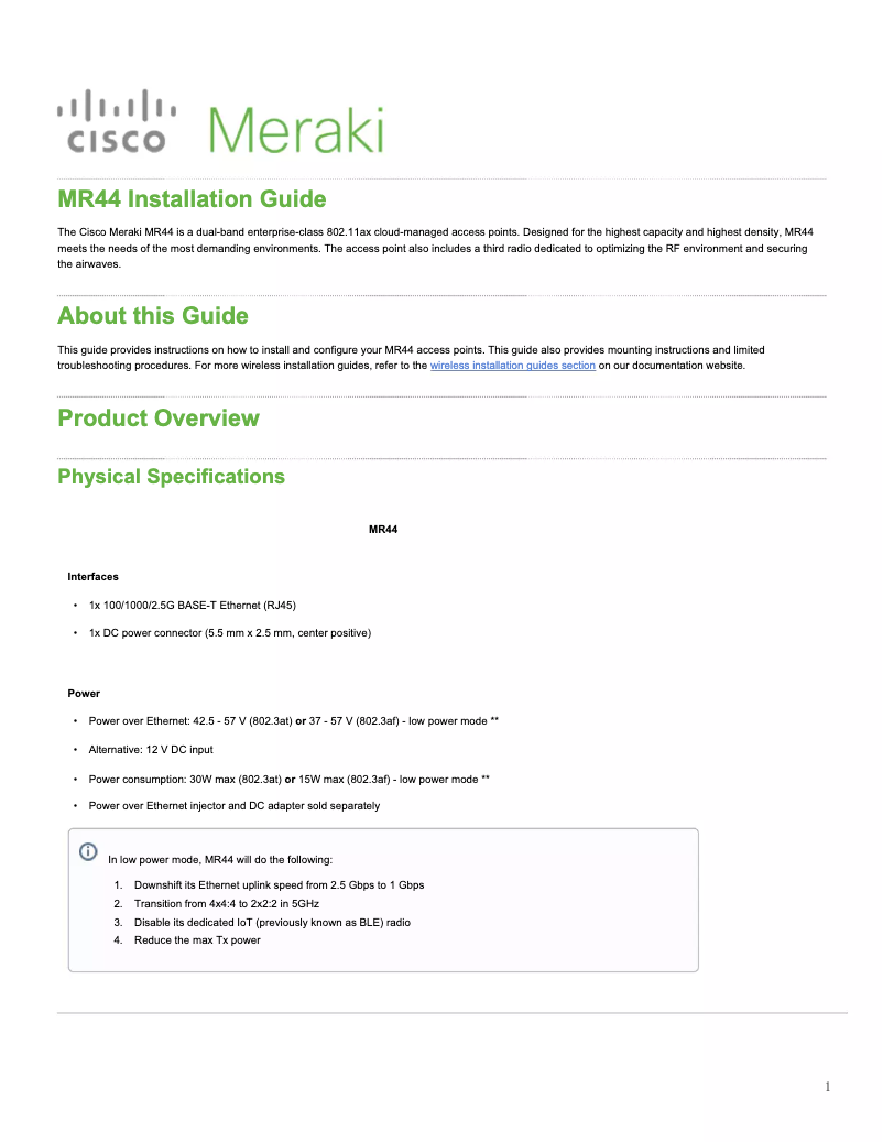 Page n°1 - Manuel utilisateur Meraki MR44