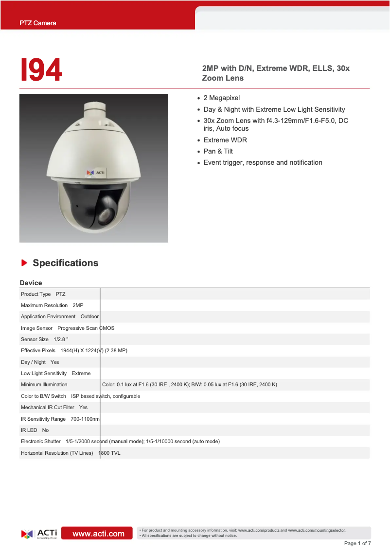 Page n°1 - Fiche technique ACTi I94