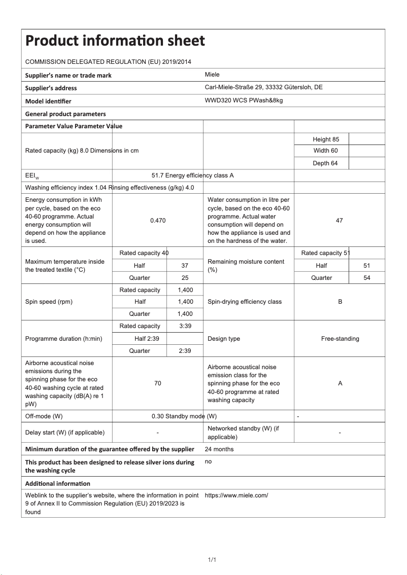 Page n°1 - Fiche technique Miele WKF131 WCS PWASH 2.0