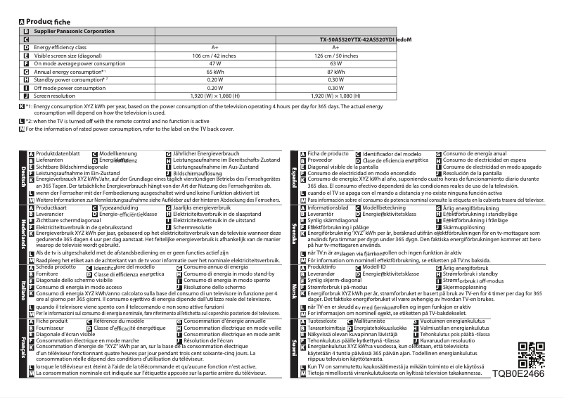 Page 1 de la notice Fiche technique Panasonic Viera TX-42AS520Y