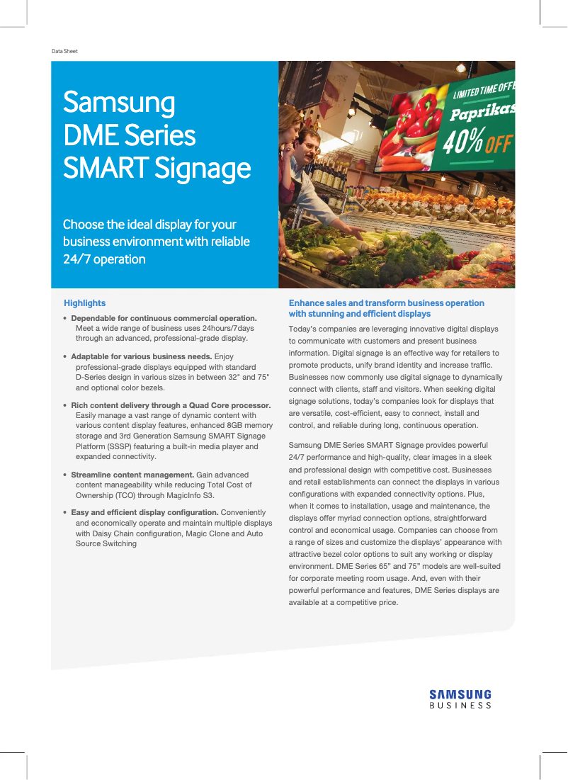 Image de la première page du manuel de l'appareil SMART Signage DM40E