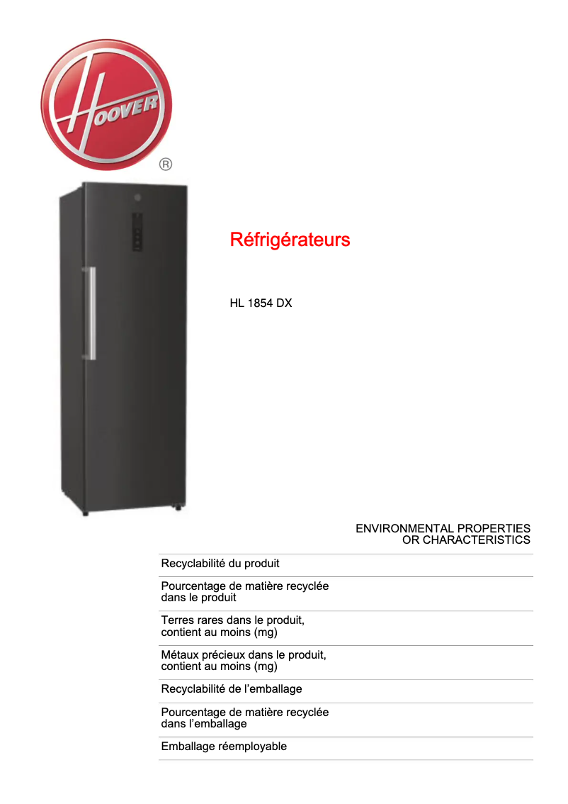 Página 1 del manual Ficha técnica Hoover HL 1854 DX