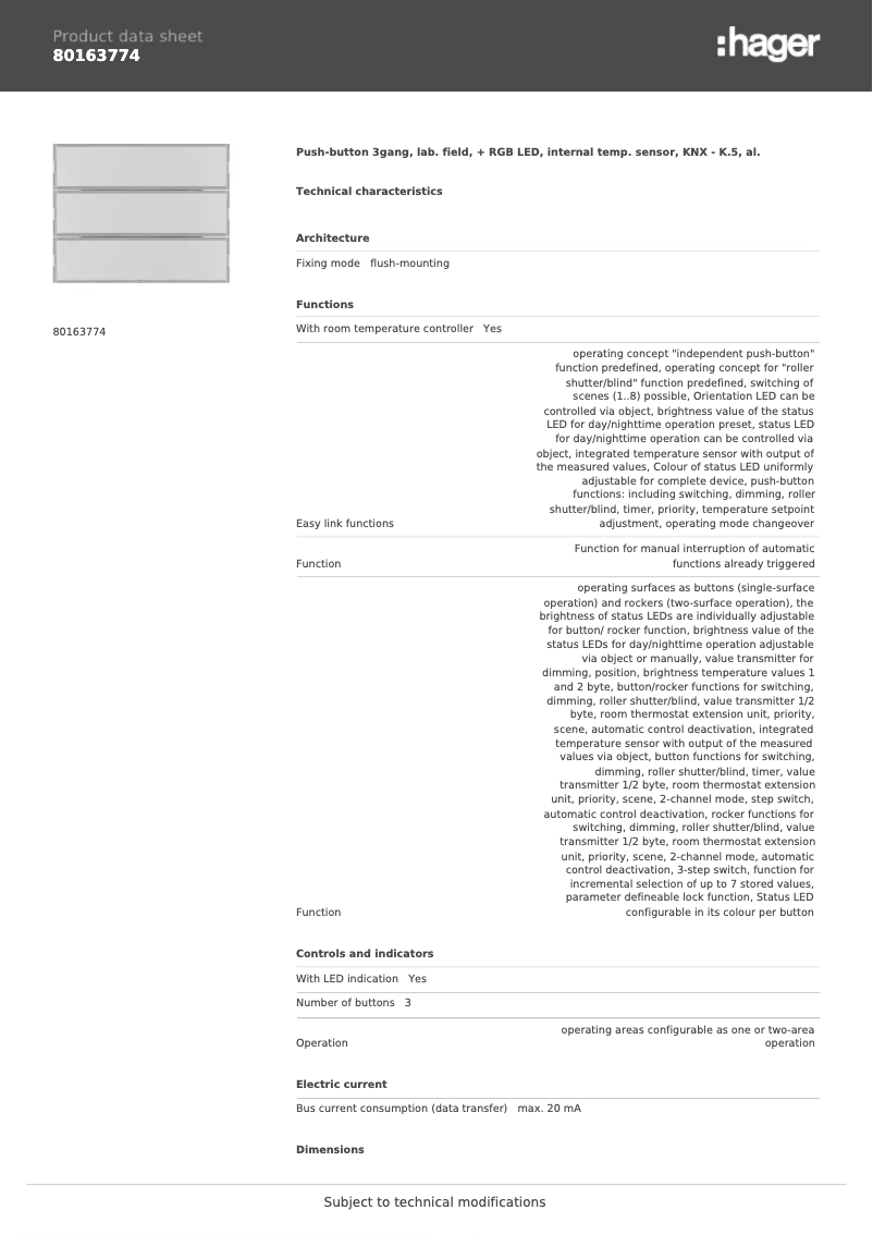 Page 1 de la notice Fiche technique Berker 80163774