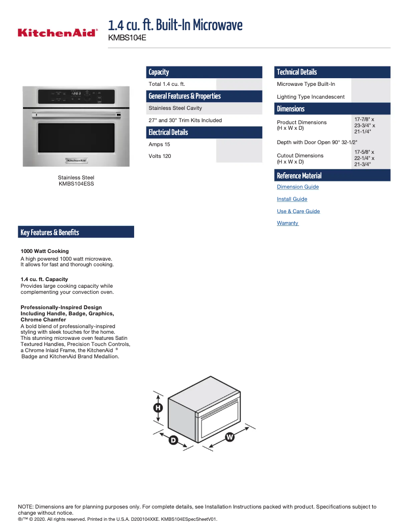 Page n°1 - Fiche technique KitchenAid KMBS104ESS