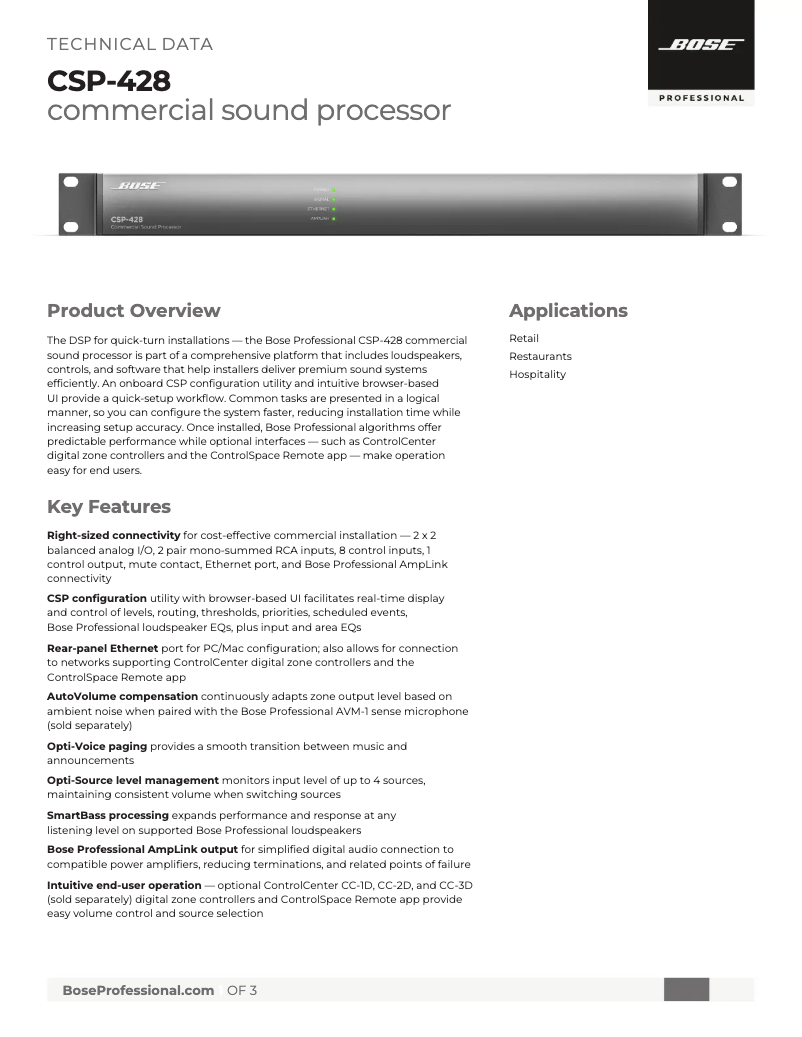 Page 1 de la notice Fiche technique Bose CSP-428
