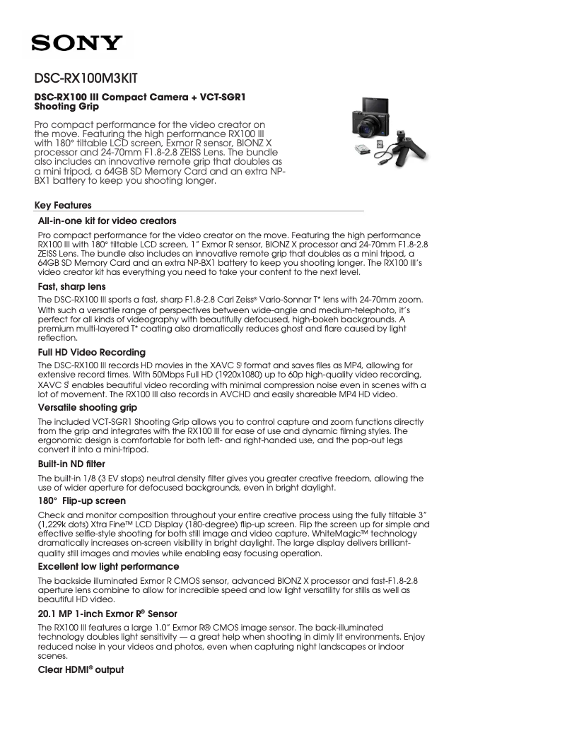 Page 1 de la notice Fiche technique Sony Cybershot DSC-RX100 III