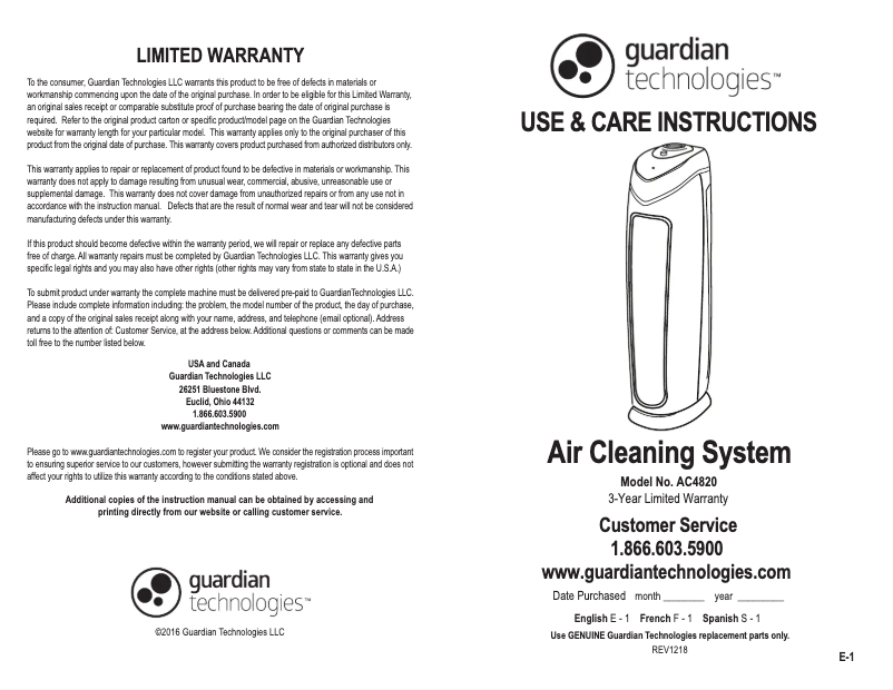 Page n°1 - Manuel utilisateur GermGuardian AC4820