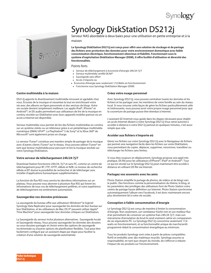 Page 1 de la notice Fiche technique Synology DiskStation DS212J