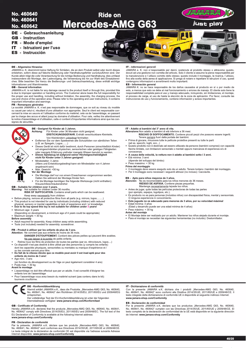 Page 1 de la notice Manuel utilisateur Jamara Ride-on Mercedes-Benz AMG G63
