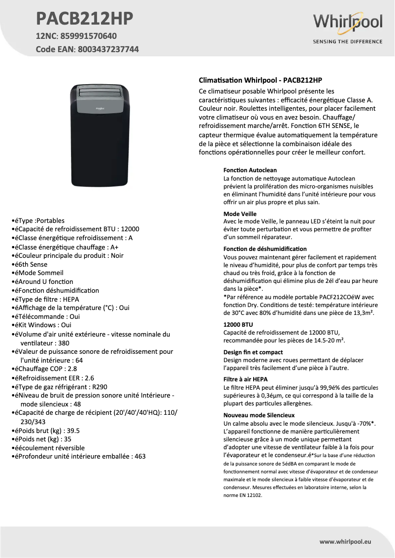Page 1 de la notice Fiche technique Whirlpool PACB212HP