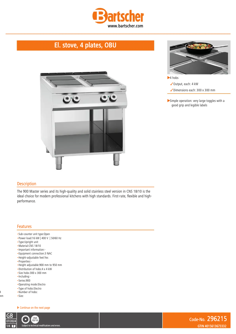 Page 1 de la notice Fiche technique Bartscher 296215