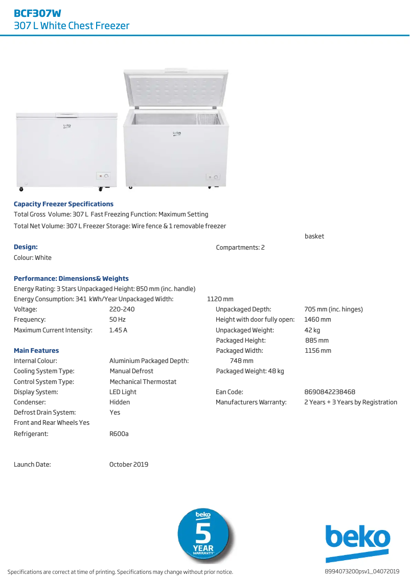 Page 1 de la notice Fiche technique Beko BCF307W