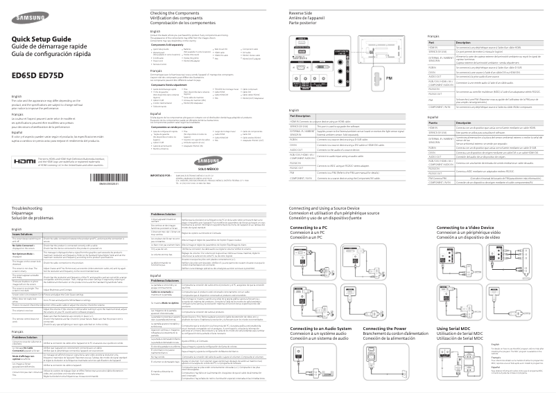 Page 1 de la notice Guide d'installation Samsung ED65D