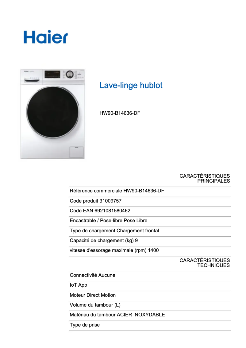 Page 1 de la notice Fiche technique Haier HW90-B14636
