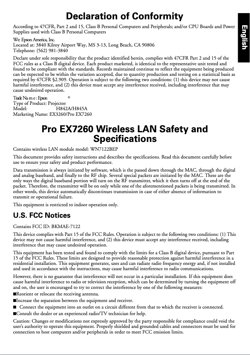 Page 1 of the manual Warranty Information Epson EX3260