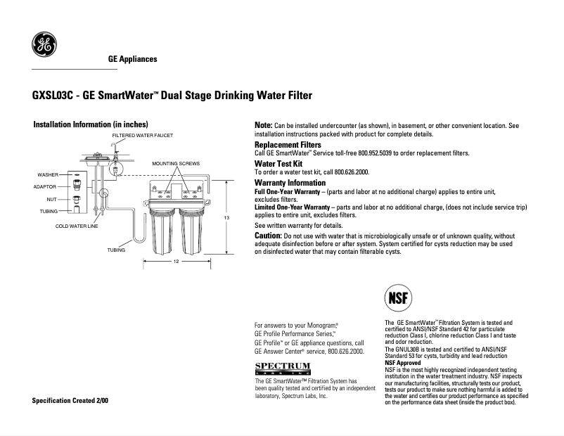 Page 1 de la notice Fiche technique GE GXSL03C