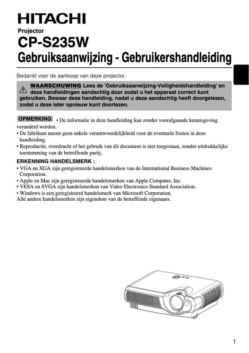 Page n°1 - Manuel utilisateur Hitachi CP-S235W