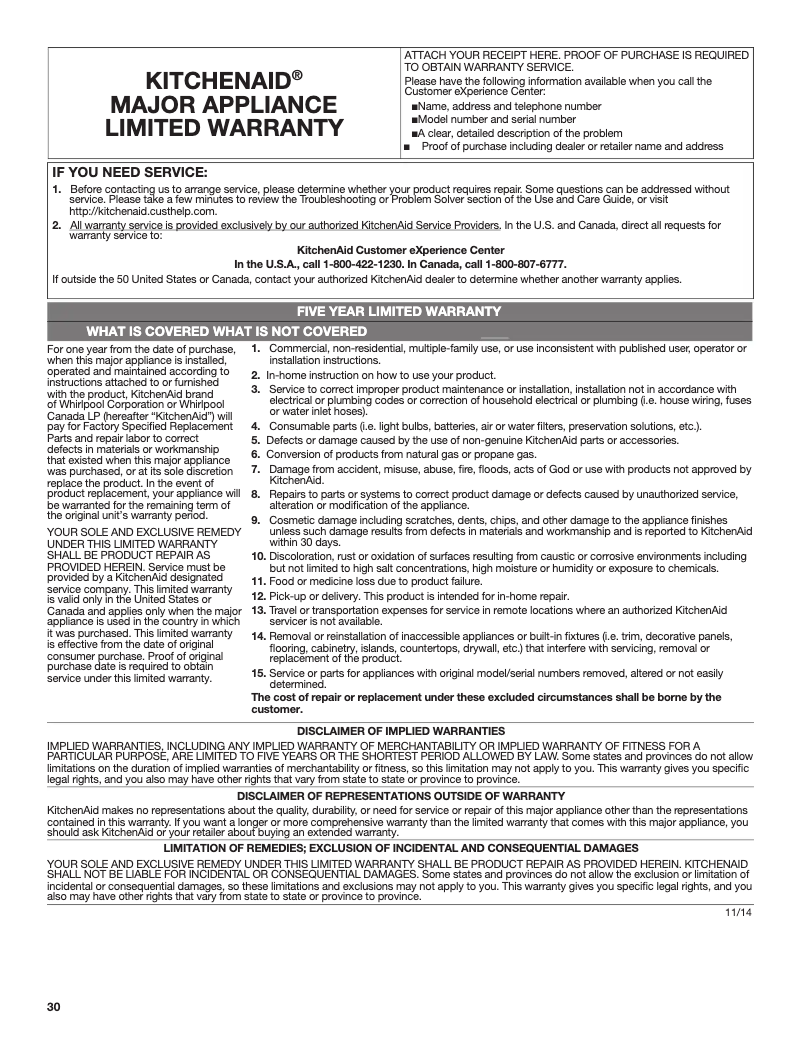 Page 1 de la notice Informations de garantie KitchenAid KXD4630YSS