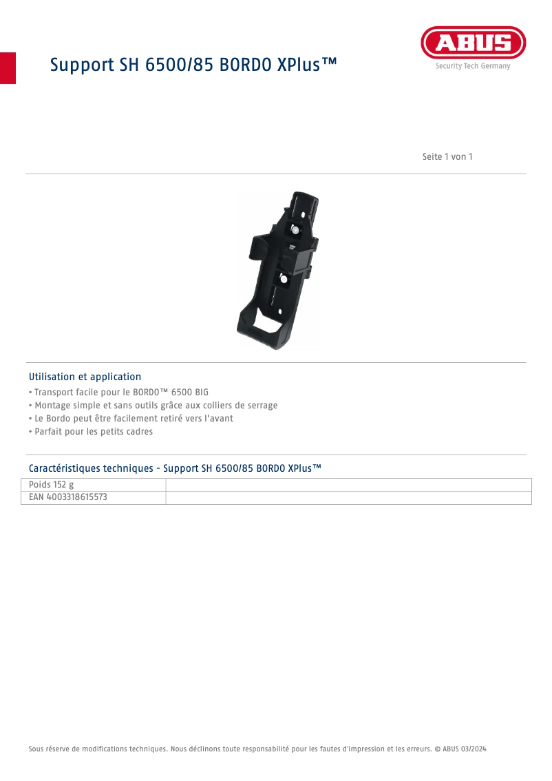 Page 1 de la notice Fiche technique Abus SH 6500/85