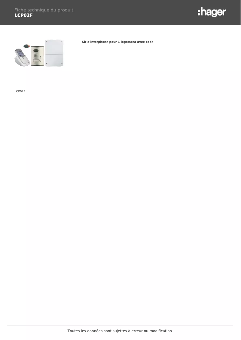 Page 1 de la notice Fiche technique Hager LCP02F