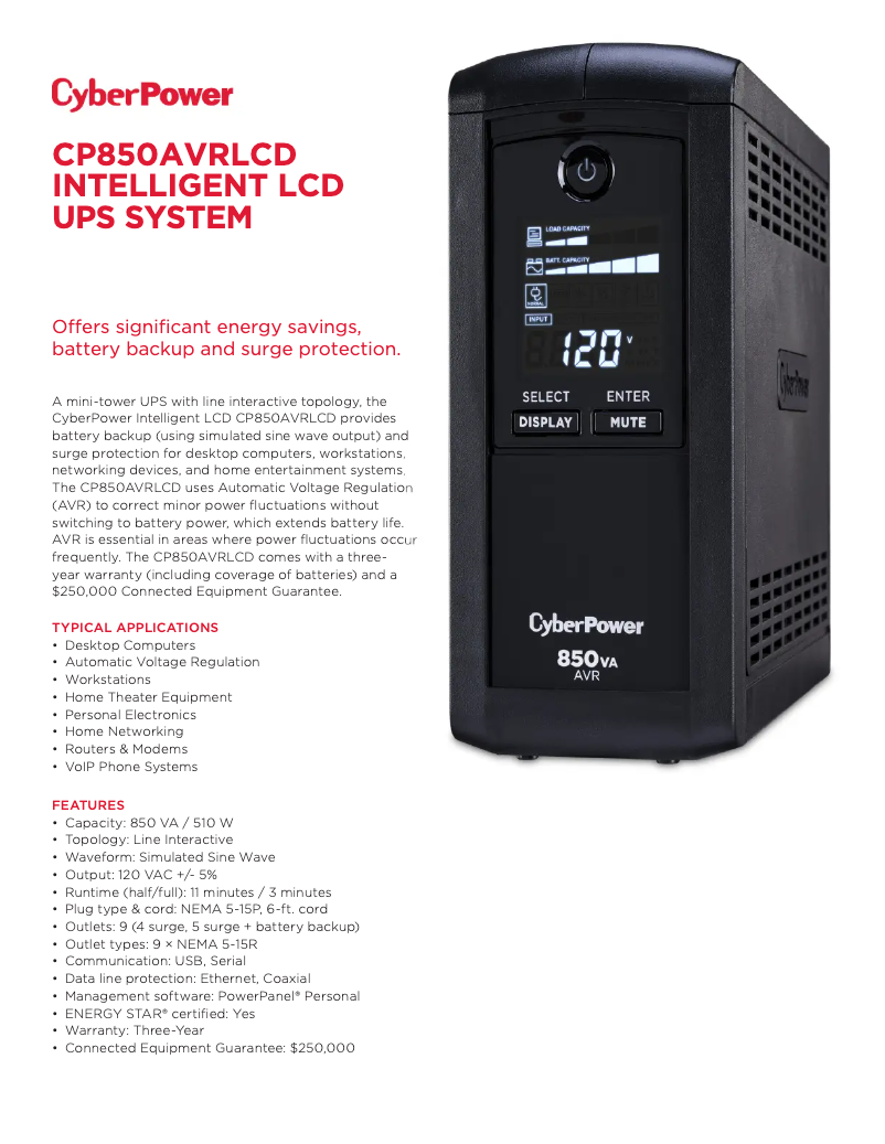 Page n°1 - Fiche technique CyberPower CP850AVRLCD