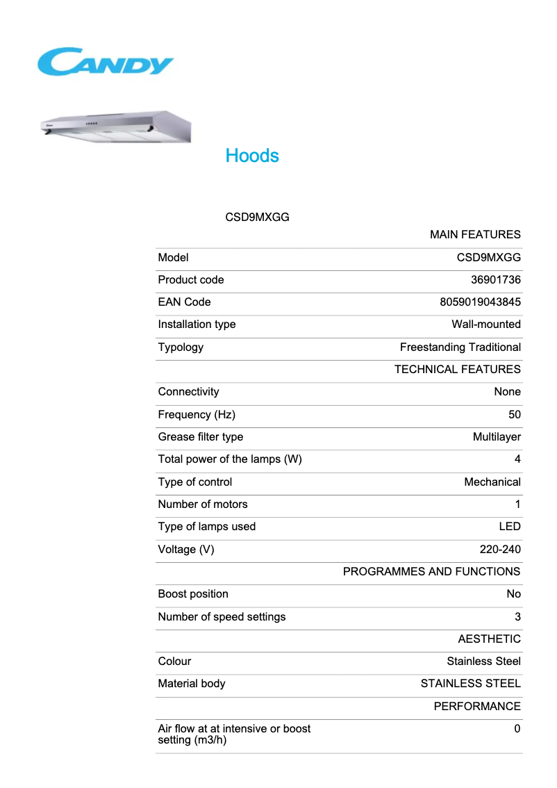 Page 1 de la notice Fiche technique Candy CSD9MXGG