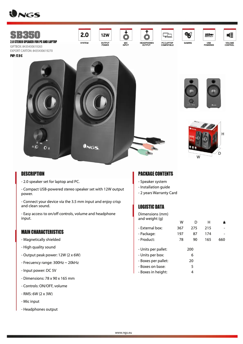 Page 1 de la notice Fiche technique NGS SB350