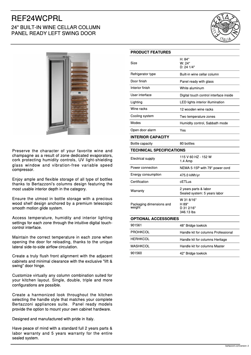 Page n°1 - Fiche technique Bertazzoni REF24WCPRL/23