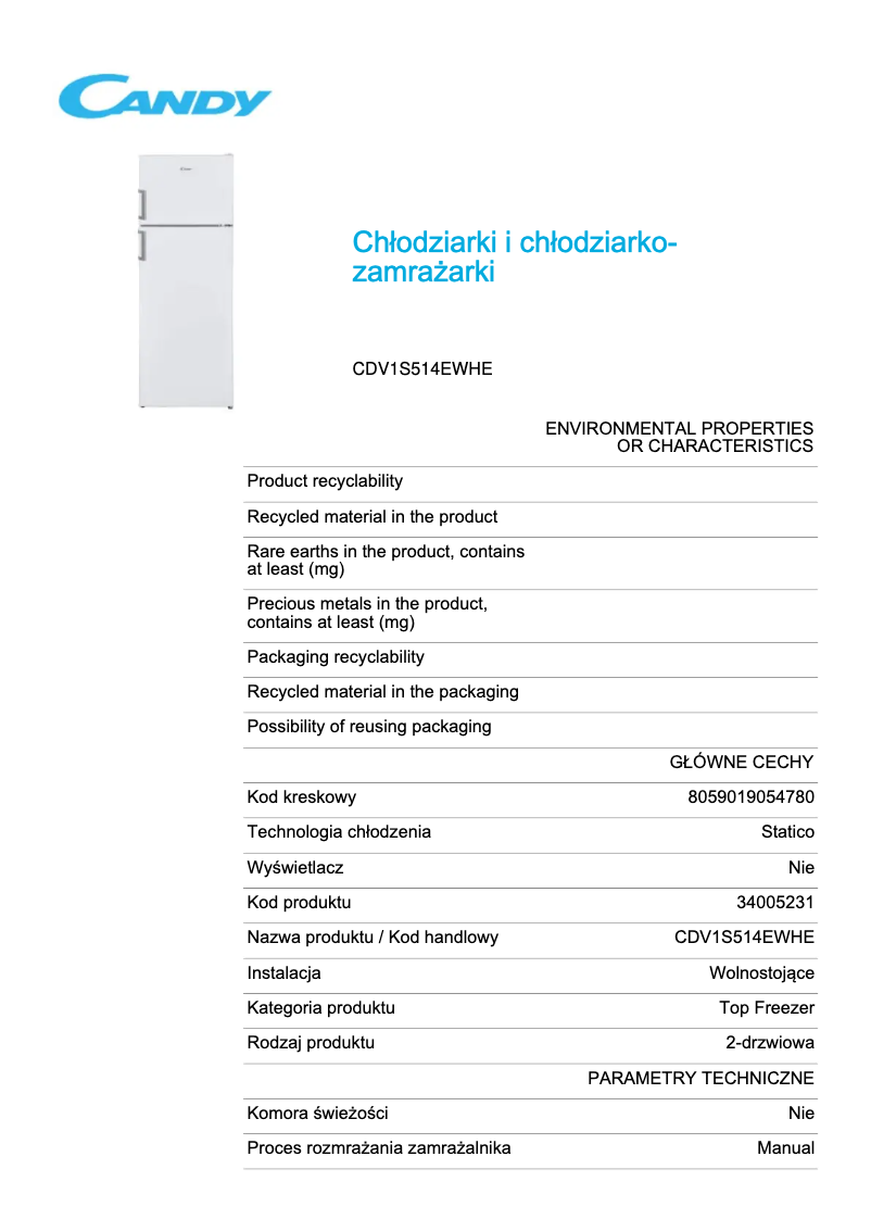 Page 1 de la notice Fiche technique Candy CDV1S514EWHE