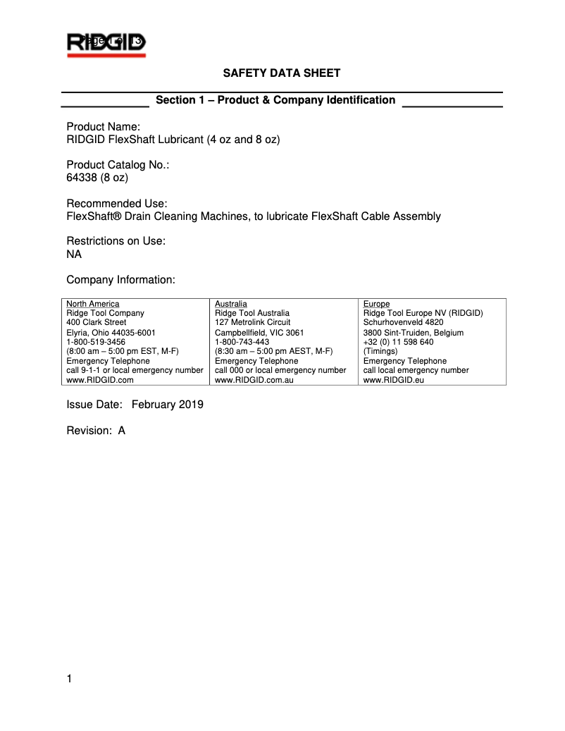 Page 1 de la notice Fiche technique Ridgid FlexShaft K9-102