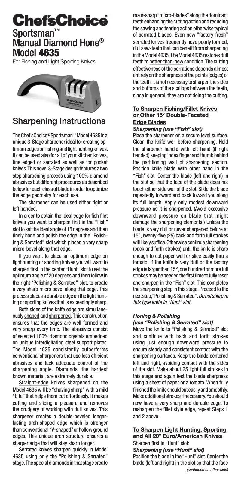 Page 1 de la notice Manuel utilisateur Chef's Choice Sportsman 4635