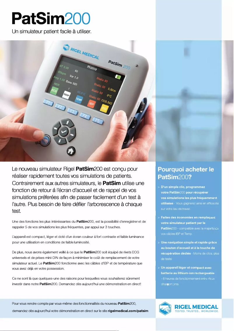 Page 1 de la notice Fiche technique Rigel Medical PatSim 200