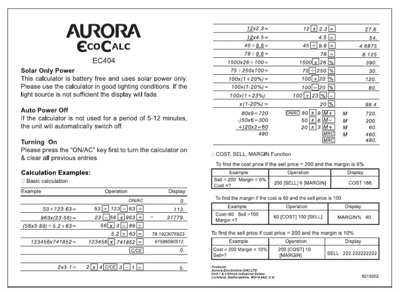 Page 1 de la notice Manuel utilisateur Aurora EC404