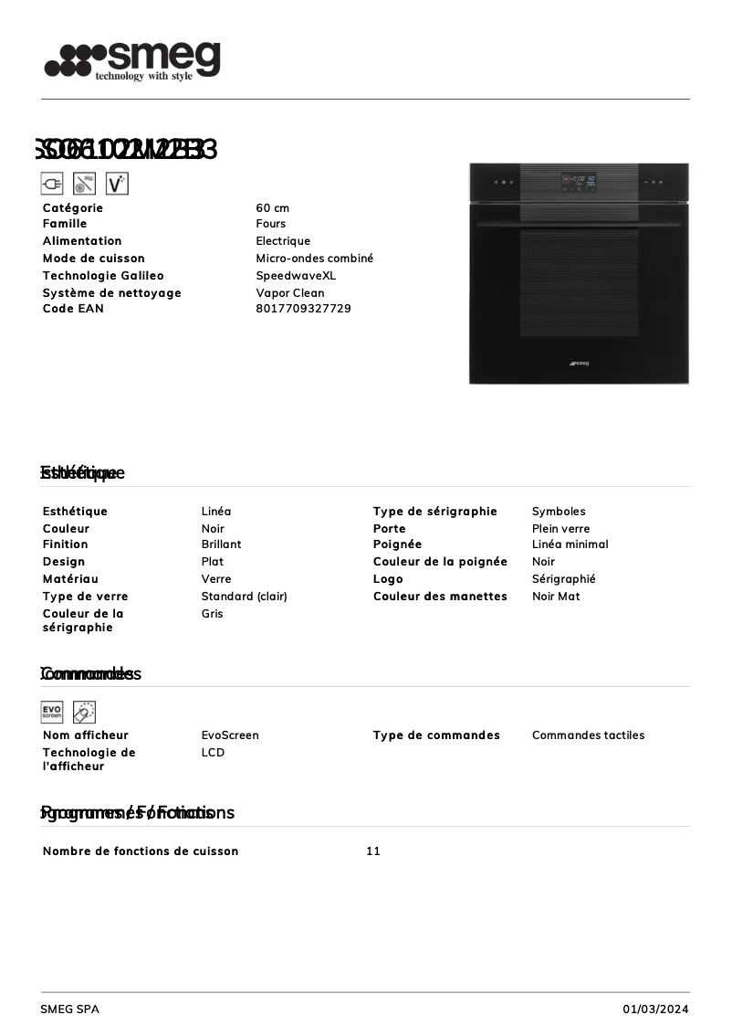 Página 1 del manual Ficha técnica Smeg SO6102M2B3