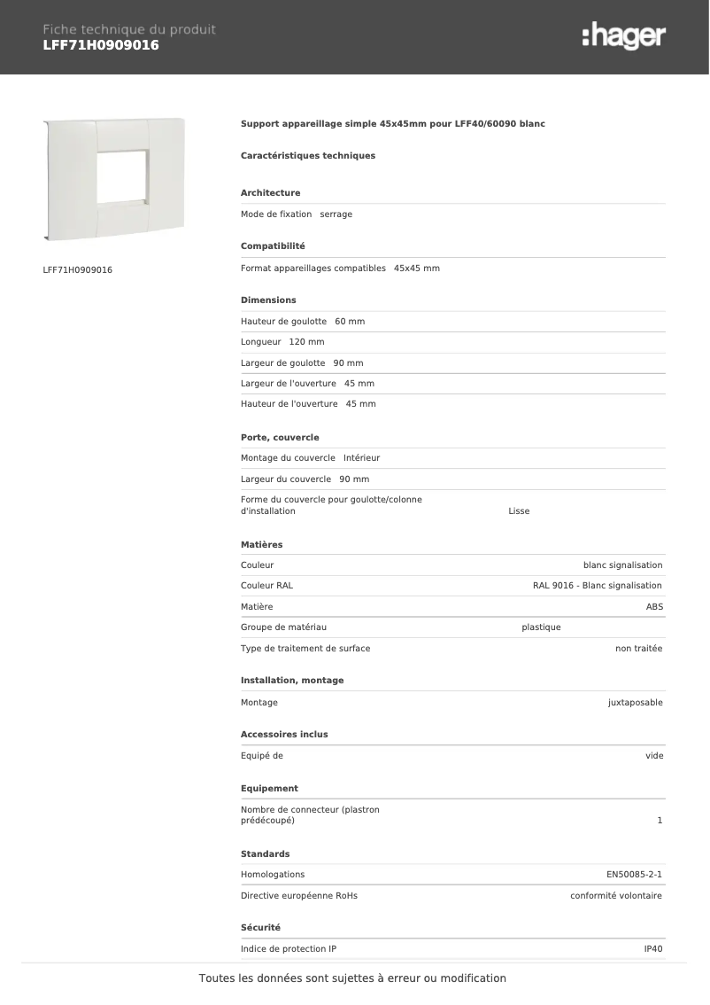 Page n°1 - Fiche technique Hager LFF71H0909016