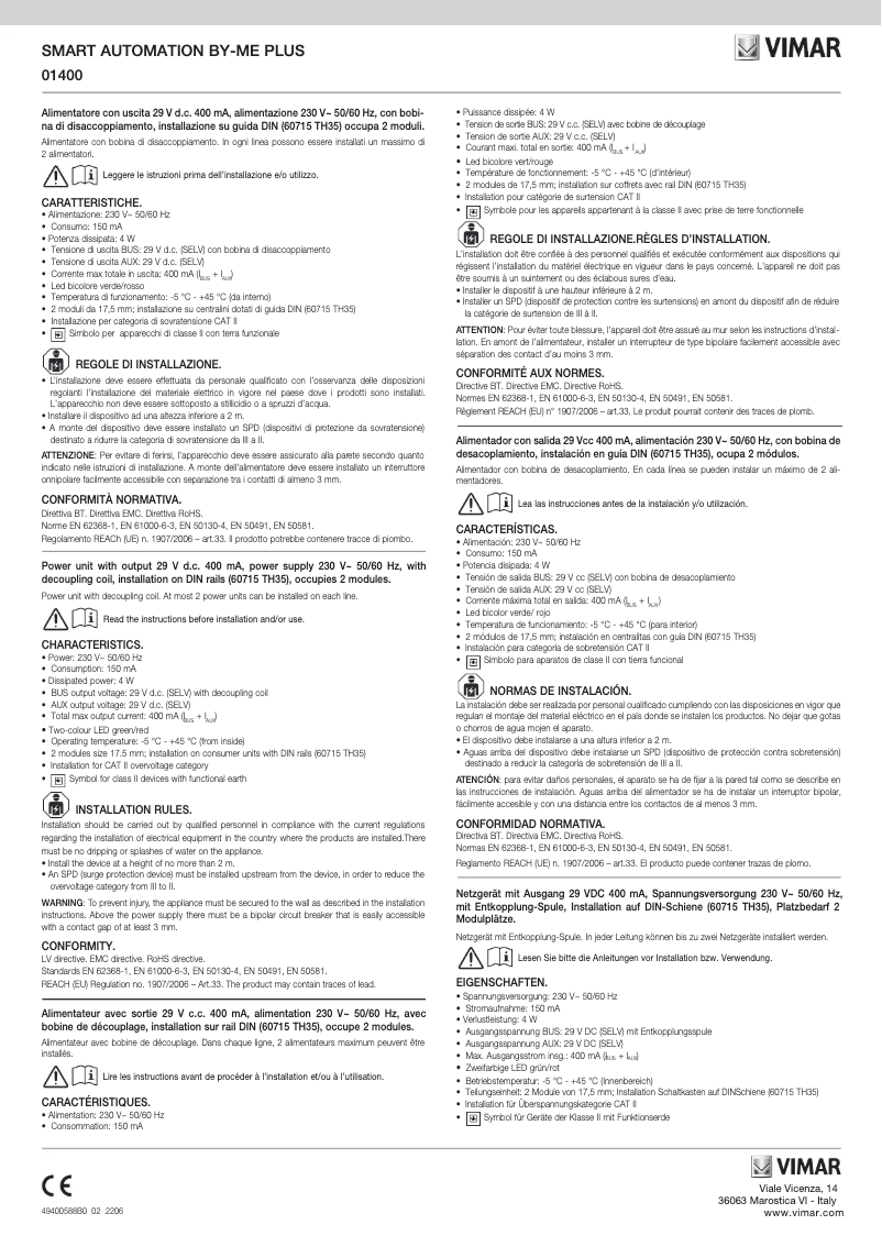 Page 1 de la notice Manuel utilisateur Vimar 01400