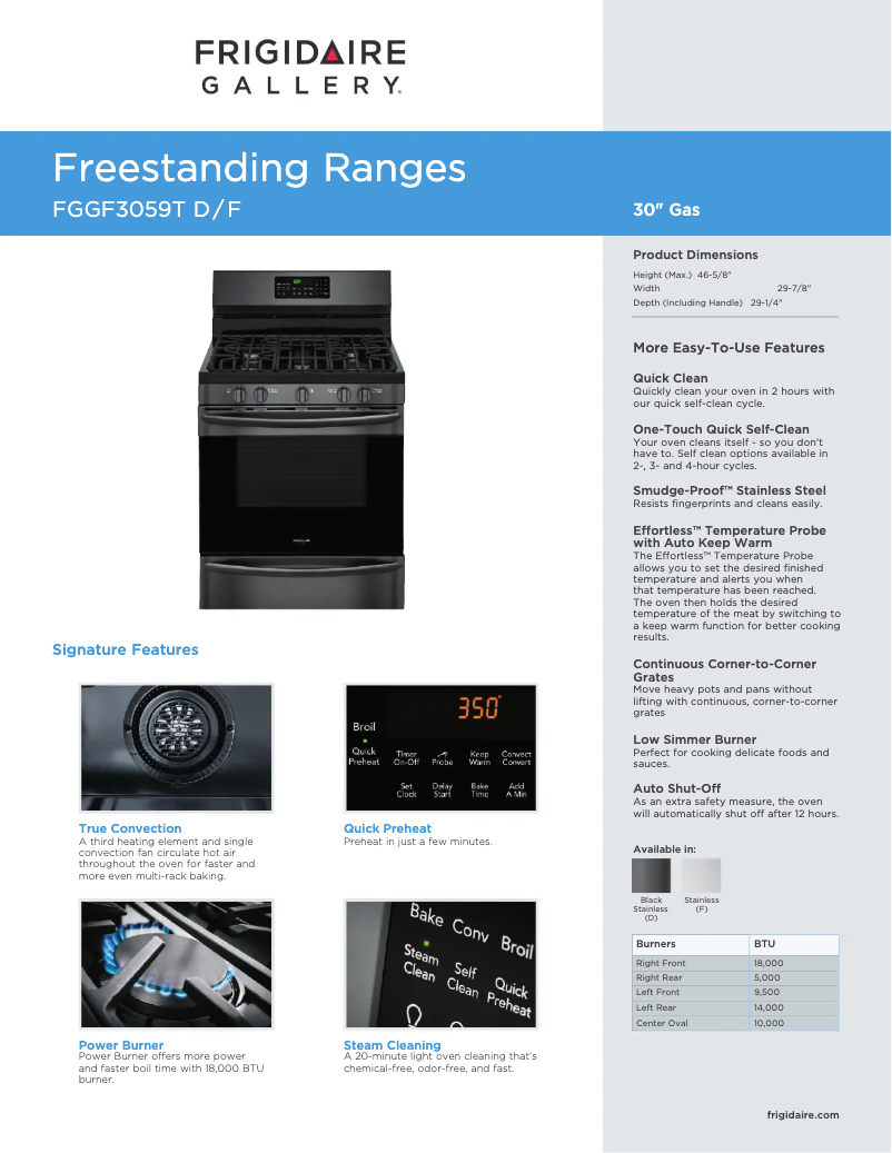 Page n°1 - Fiche technique Frigidaire FGGF3059TD