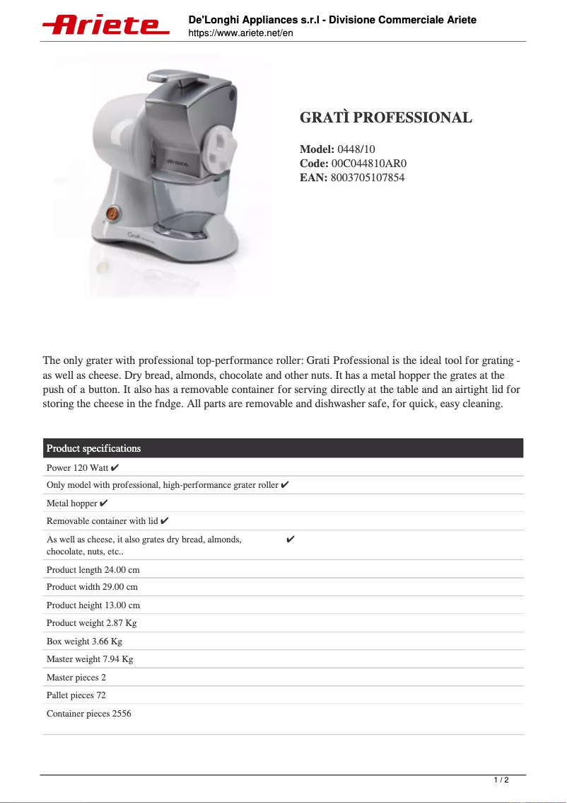 Page 1 de la notice Fiche technique Ariete Gratì Professional 0448