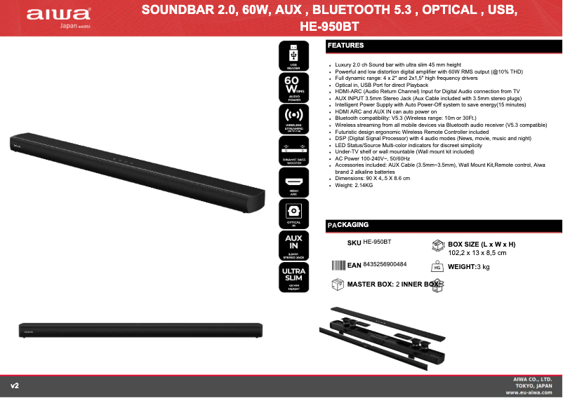 Page n°1 - Fiche technique Aiwa HE-950BT