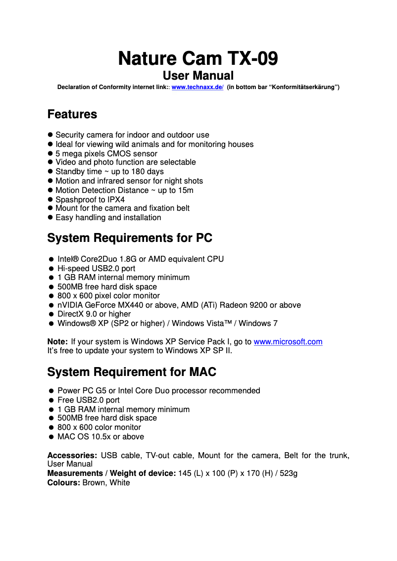 Page 1 de la notice Manuel utilisateur Technaxx NATURE CAM TX-09 CAMOUFLAGE
