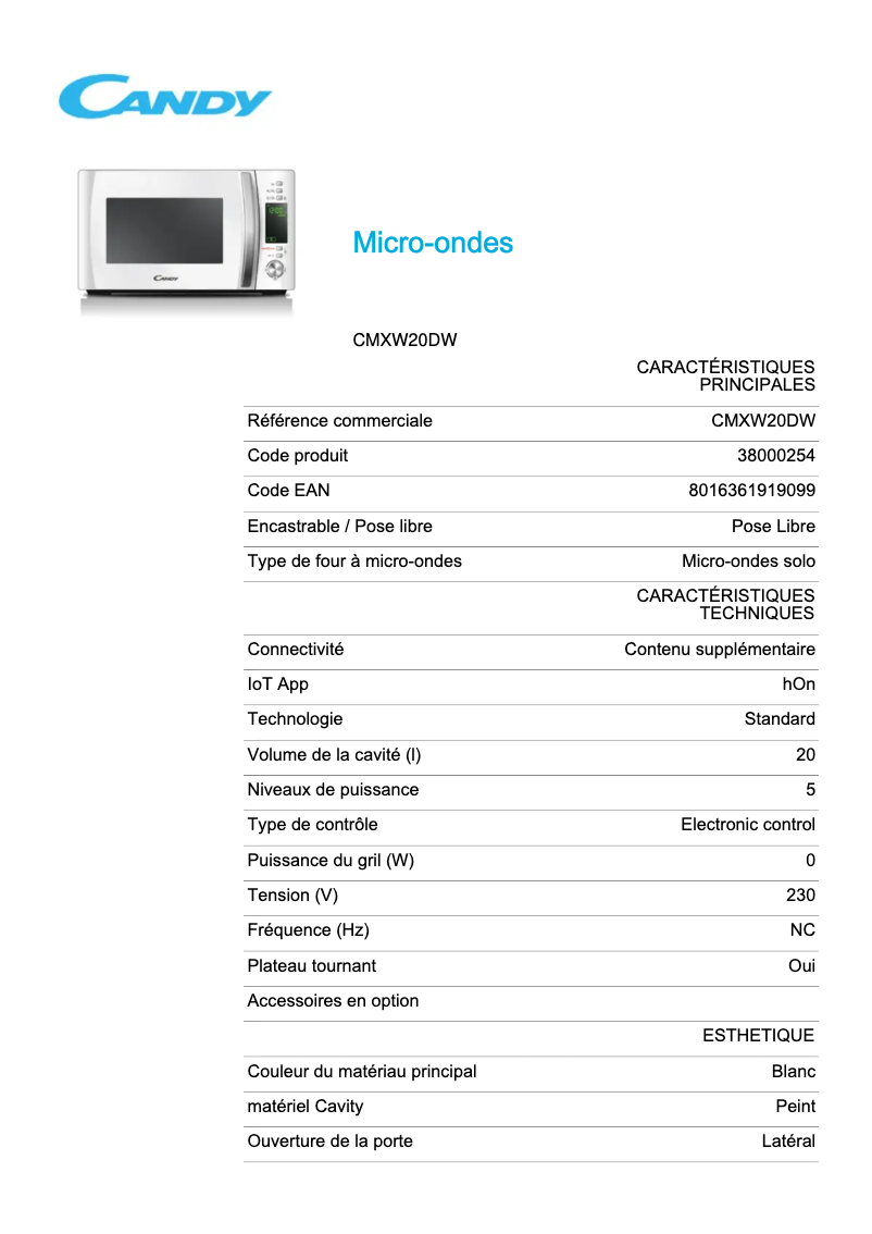 Page 1 de la notice Fiche technique Candy CMXW20DW