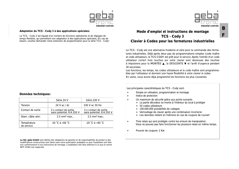 Page 1 de la notice Manuel utilisateur Geba Tronic TCS-Cody 3