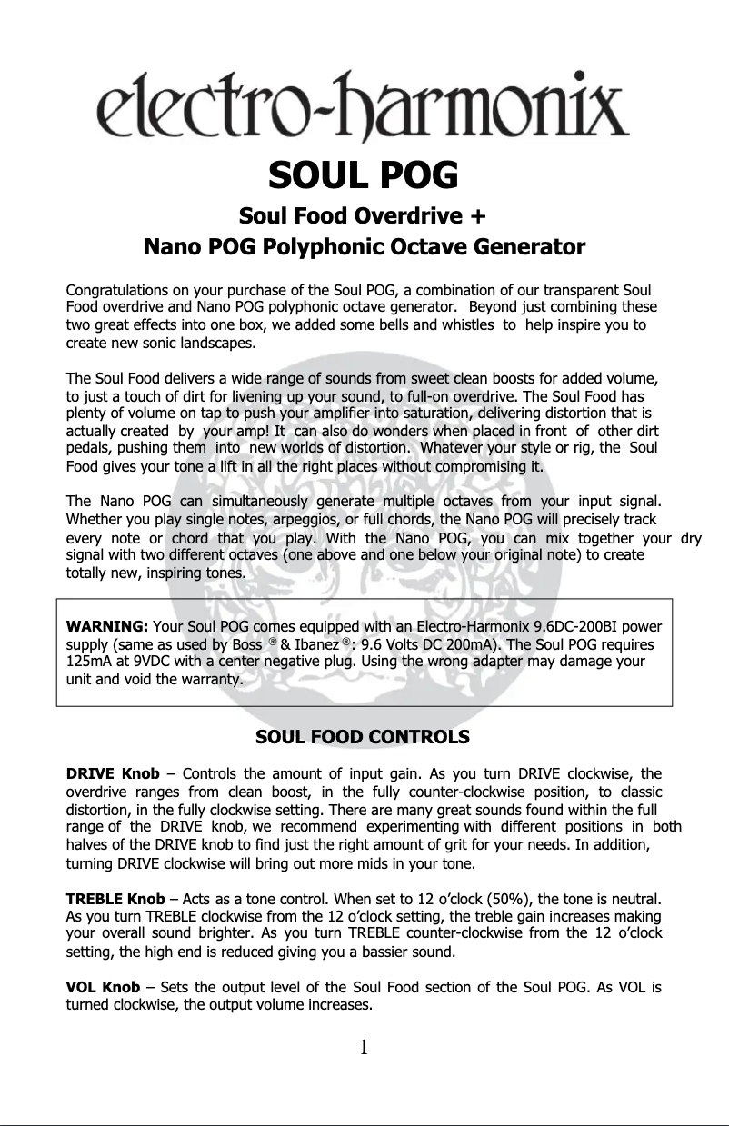 Page 1 de la notice Manuel utilisateur Electro Harmonix Soul POG