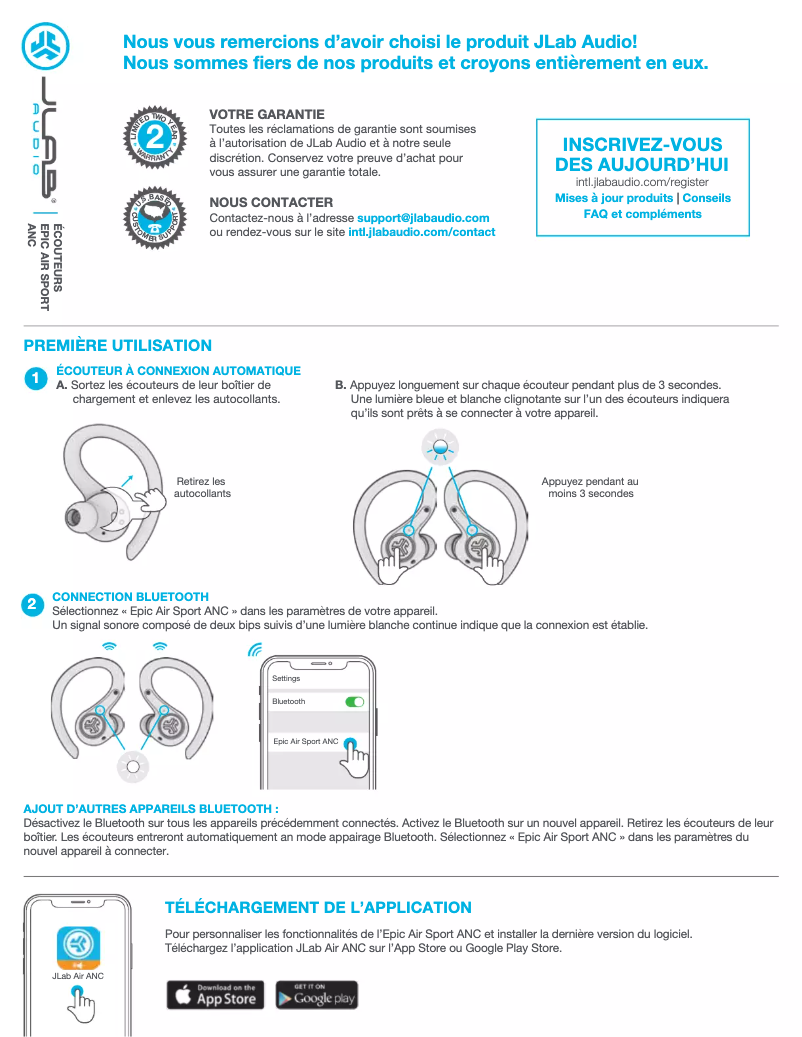 Image de la première page du manuel de l'appareil Epic Air Sport ANC
