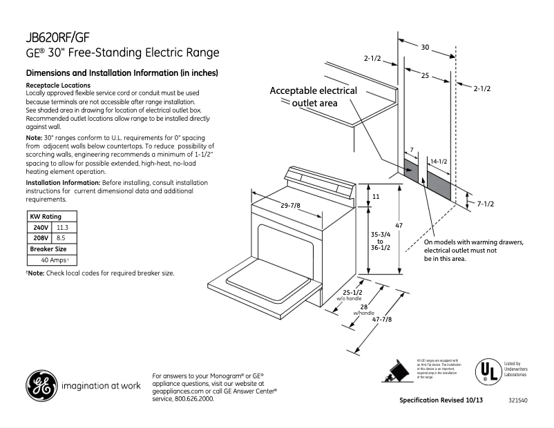 Página 1 del manual Ficha técnica GE JB620RFSS