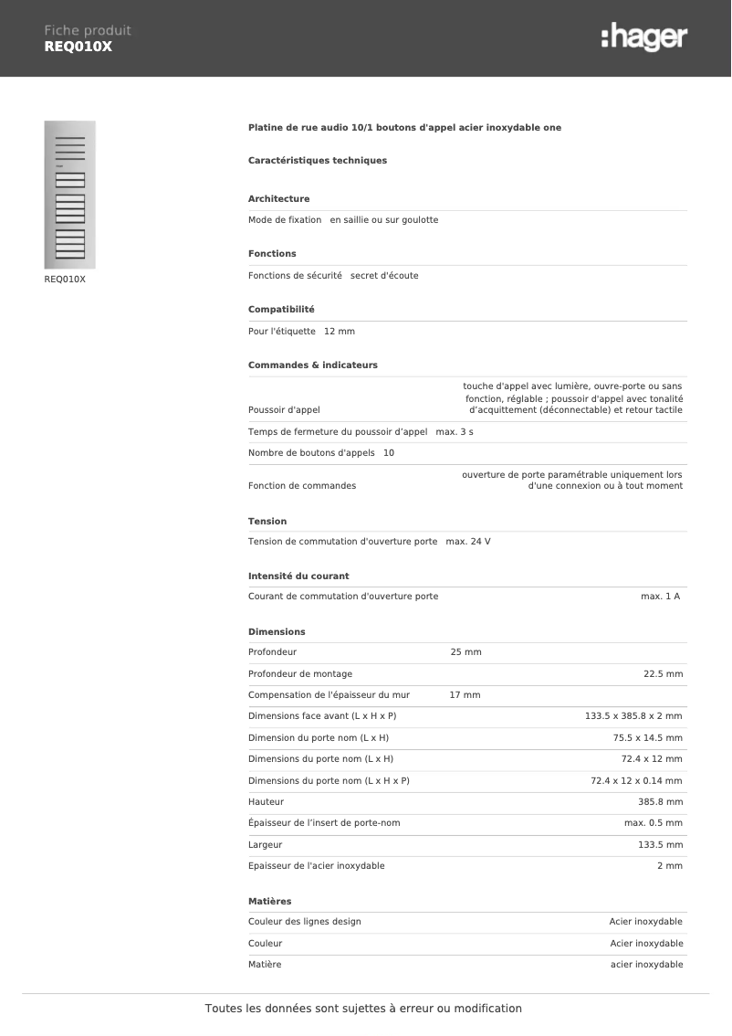 Page 1 de la notice Fiche technique Hager REQ010X
