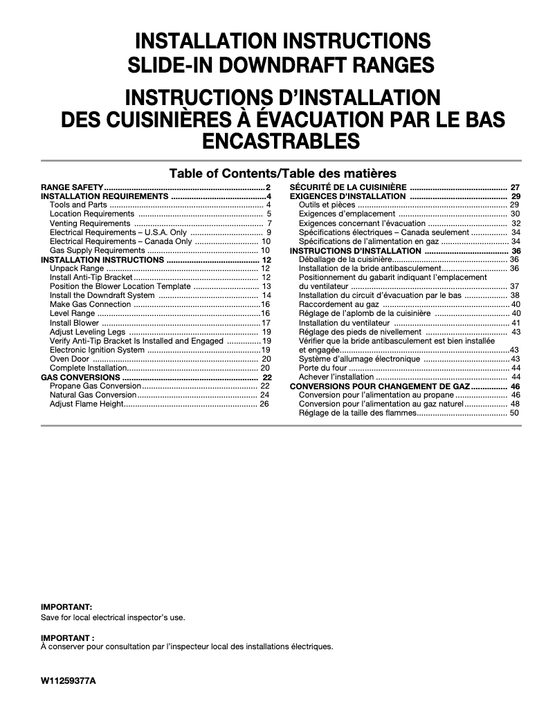 Page n°1 - Guide d'installation JennAir JES1750FB