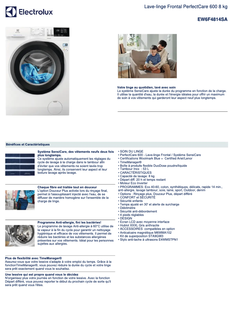 Page 1 de la notice Fiche technique Electrolux EW6F4814SA