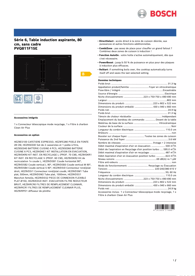 Page 1 de la notice Fiche technique Bosch PVQ811F15E