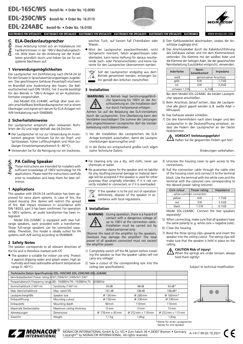 Page 1 de la notice Manuel utilisateur Monacor EDL-250C/WS